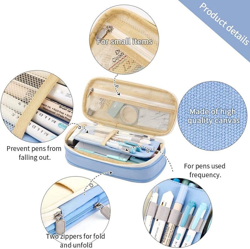 KASTWAVE Large Capacity Pencil Case, Cosmetic Bag, Large Capacity, Storage Bag With Zipper, Suitable For School Office, Light blue, 8.6 x 4.1 x 2.5 inches, Modern - Image 3
