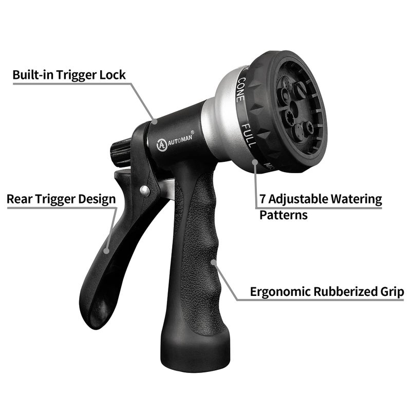 AUTOMAN-Garden-Hose-Nozzle, ABS Water Spray Nozzle, 7 Adjustable Watering Patterns, Slip Resistant for Watering Plants, Lawn& Garden, Washing Cars, Cleaning, Showering Pets & Outdoor Fun.Silver Color - Image 2