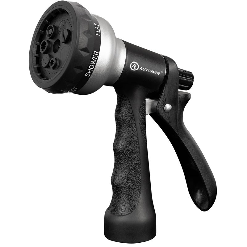 AUTOMAN-Garden-Hose-Nozzle, ABS Water Spray Nozzle, 7 Adjustable Watering Patterns, Slip Resistant for Watering Plants, Lawn& Garden, Washing Cars, Cleaning, Showering Pets & Outdoor Fun.Silver Color - Image 1