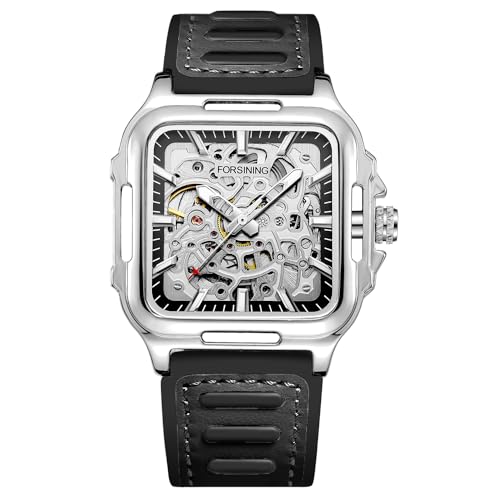 FORSINING Mens Waterproof Skeleton Stylish Watch Automatic Steampunk Self Winding Silicone Strap Luminous Square Wrist Watch 2Silver - Image 3
