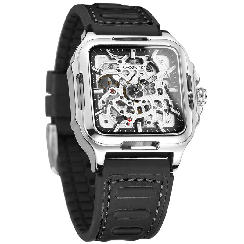 FORSINING Mens Waterproof Skeleton Stylish Watch Automatic Steampunk Self Winding Silicone Strap Luminous Square Wrist Watch 2Silver - Image 2