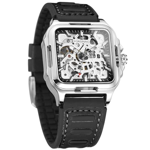 FORSINING Mens Waterproof Skeleton Stylish Watch Automatic Steampunk Self Winding Silicone Strap Luminous Square Wrist Watch 2Silver - Image 1