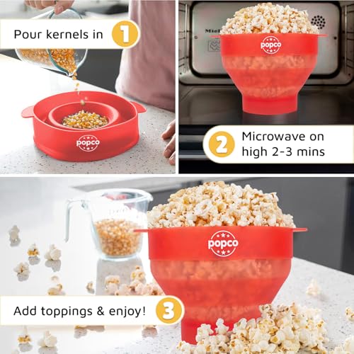 POPCO Silicone Popcorn Maker - Microwave Popcorn Popper - Collapsible Bowl, Heat-Resistant, Easy to Clean, Ideal for Family Movie Nights, 15-Cup Capacity - Transparent Red - Image 5
