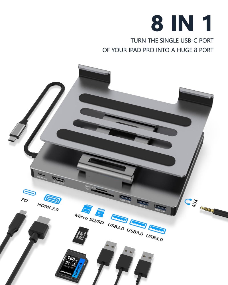 NXPGKEA iPad Pro USB C Hub Stand Multiport Adapter for iPad Pro M4 M3 M2 M1 13 129 11 Inch iPad Air Docking Station Foldable 4K 60Hz HDMI PD Charging SDTF Card Reader 3 USB 30 35mm Audio - Image 3