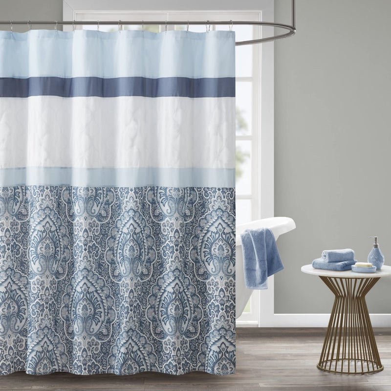 510 DESIGN Shawnee Shower Curtain Geometric Textured Embroidery Design with Builtin Liner Modern MidCentury Bathroom Decor Machine Washable Fabric Privacy Screen 72x72 Blue