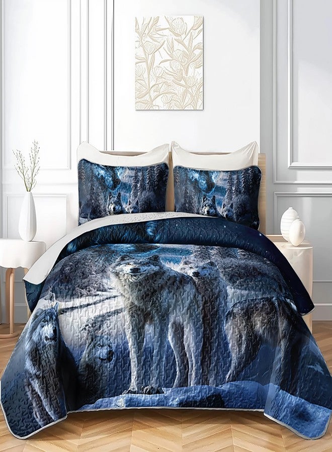 AILONEN Wolf Printed Quilt- Coverlet Set for Boys- Queen Size Quilt Bedding Set Starry Snow Wolves Themed - 3Pcs Safari Wolf Quilted Bedspread for Kids Teens with 2 Pillowcases - Image 1