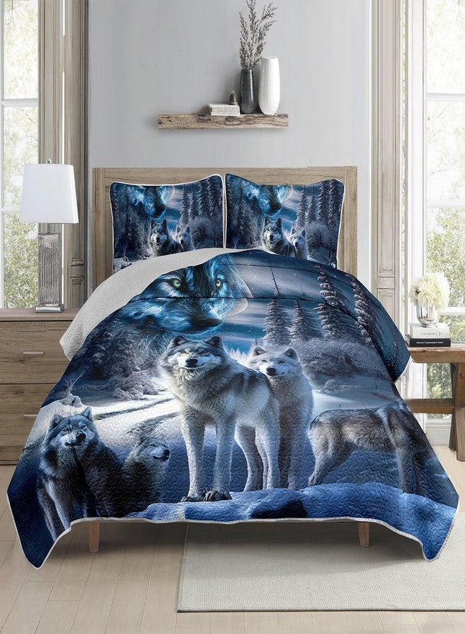 AILONEN Wolf Printed Quilt- Coverlet Set for Boys- Queen Size Quilt Bedding Set Starry Snow Wolves Themed - 3Pcs Safari Wolf Quilted Bedspread for Kids Teens with 2 Pillowcases - Image 5