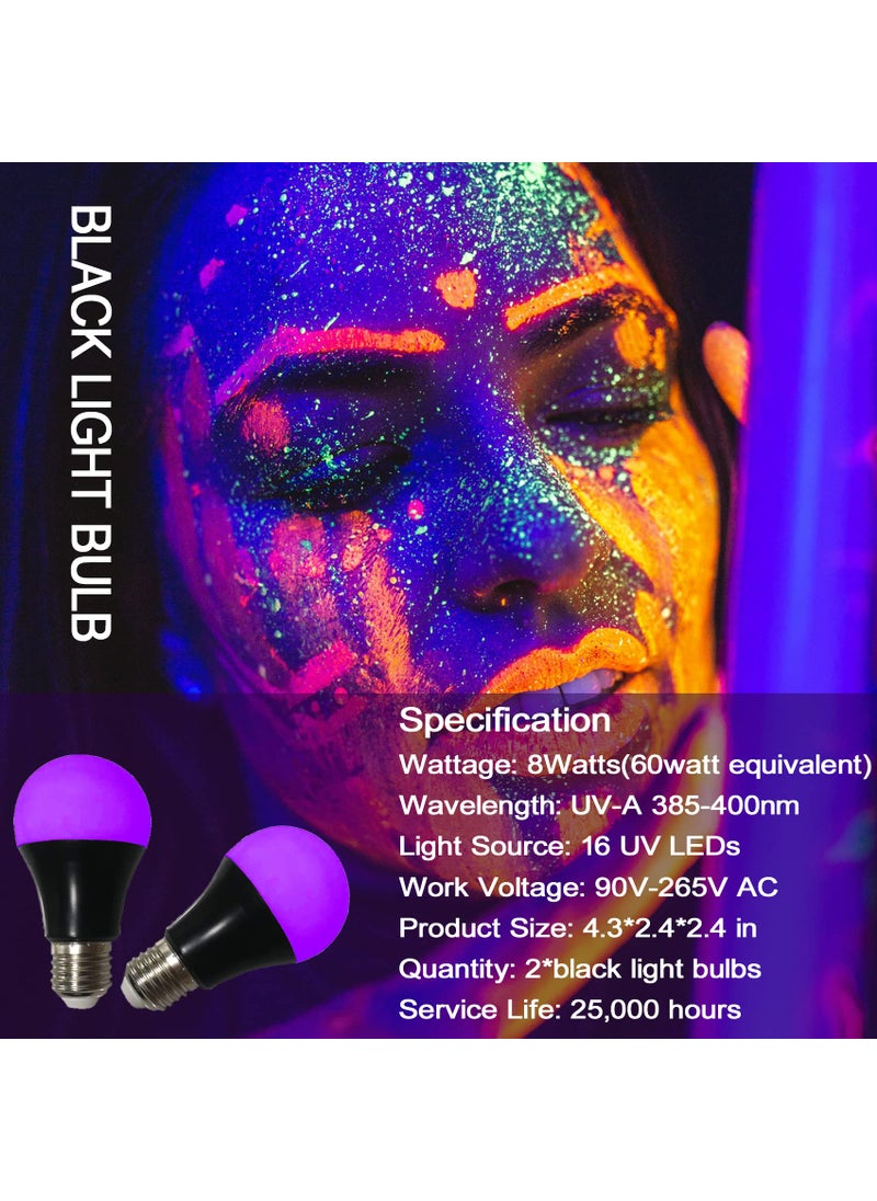 CICINY CICINY UV LED Black Light Bulbs 2 Pack, A19 E26 8W Blacklight Bulb for Glow in The Dark, UVA Level 385-400nm, Blacklight Light Bulbs for Parties Body Paint Fluorescent Poster Pet Stains  - Image 2