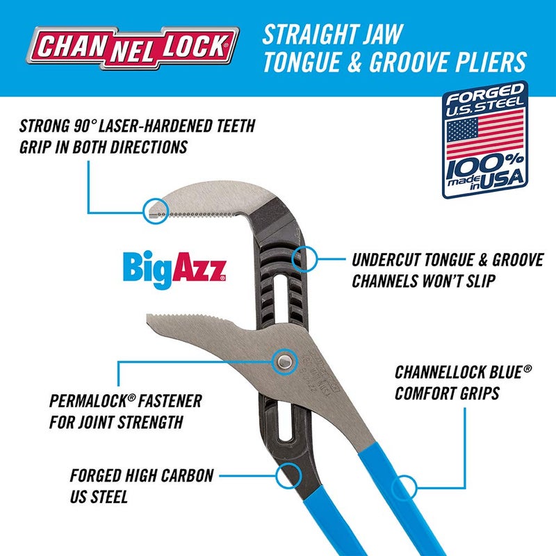 Channellock Tongue and Groove Pliers 480 BIGAZZ - Straight Jaw, 90Â° Teeth, Forged Steel - 20.25 in, 5.5 in Jaw - Image 2