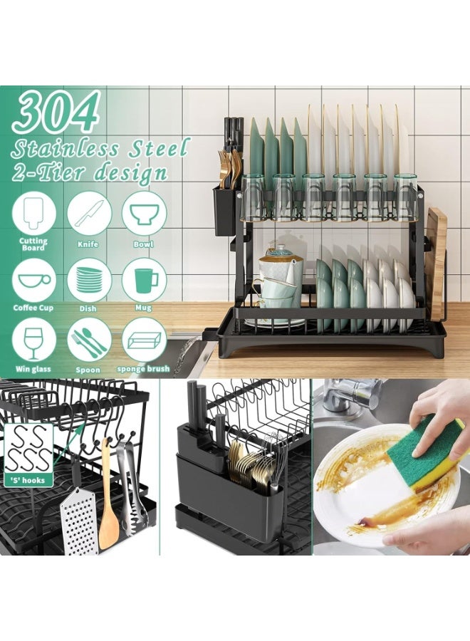 BaytEasy Bayt Easy 2 Tier Foldable Dish Drying Rack with Utensil Holder & Cutting Board Holder & Drainboard Tray, Rotatable Drainage System Scratch Resistant Frosted Baking Process Coatings, Large Black(16.5"L×11.8"W×11.4"H) - Image 2