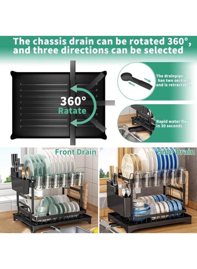 BaytEasy Bayt Easy 2 Tier Foldable Dish Drying Rack with Utensil Holder & Cutting Board Holder & Drainboard Tray, Rotatable Drainage System Scratch Resistant Frosted Baking Process Coatings, Large Black(16.5"L×11.8"W×11.4"H) - Image 3