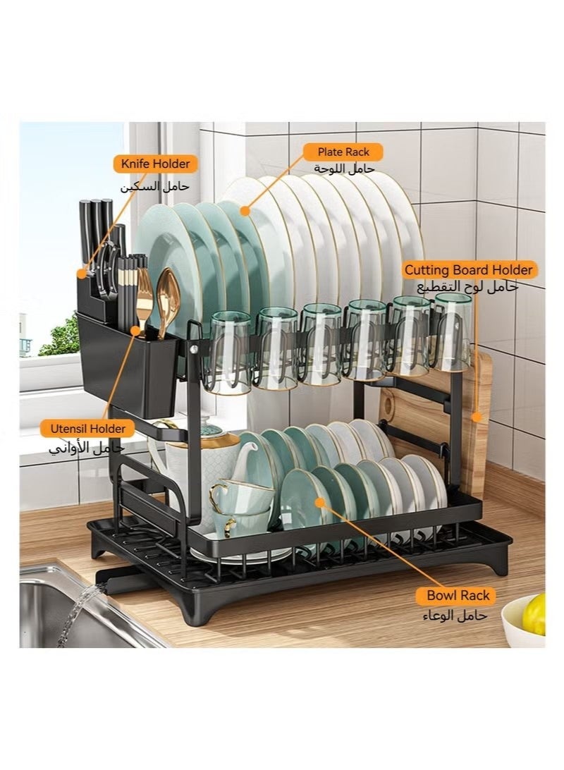 BaytEasy Bayt Easy 2 Tier Foldable Dish Drying Rack with Utensil Holder & Cutting Board Holder & Drainboard Tray, Rotatable Drainage System Scratch Resistant Frosted Baking Process Coatings, Large Black(16.5"L×11.8"W×11.4"H) - Image 4