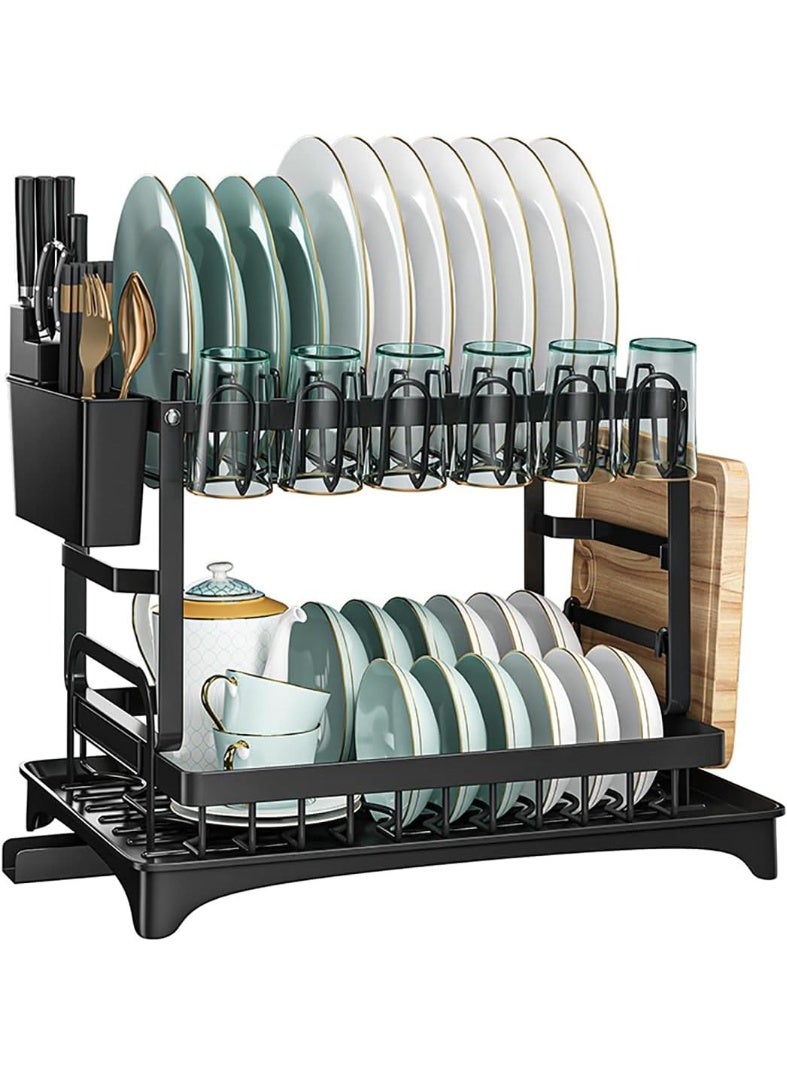 BaytEasy Bayt Easy 2 Tier Foldable Dish Drying Rack with Utensil Holder & Cutting Board Holder & Drainboard Tray, Rotatable Drainage System Scratch Resistant Frosted Baking Process Coatings, Large Black(16.5"L×11.8"W×11.4"H) - Image 1