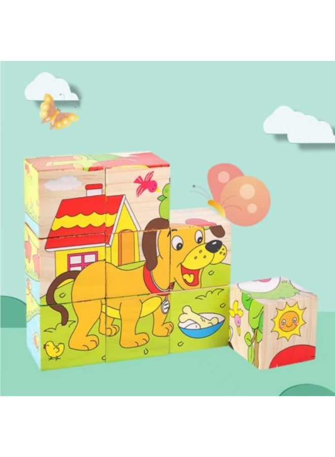 Toddler Wooden Toys Six Sided Picture Jigsaw Puzzles Building Blocks Toys Children's Educational Building Blocks Toys - Image 1