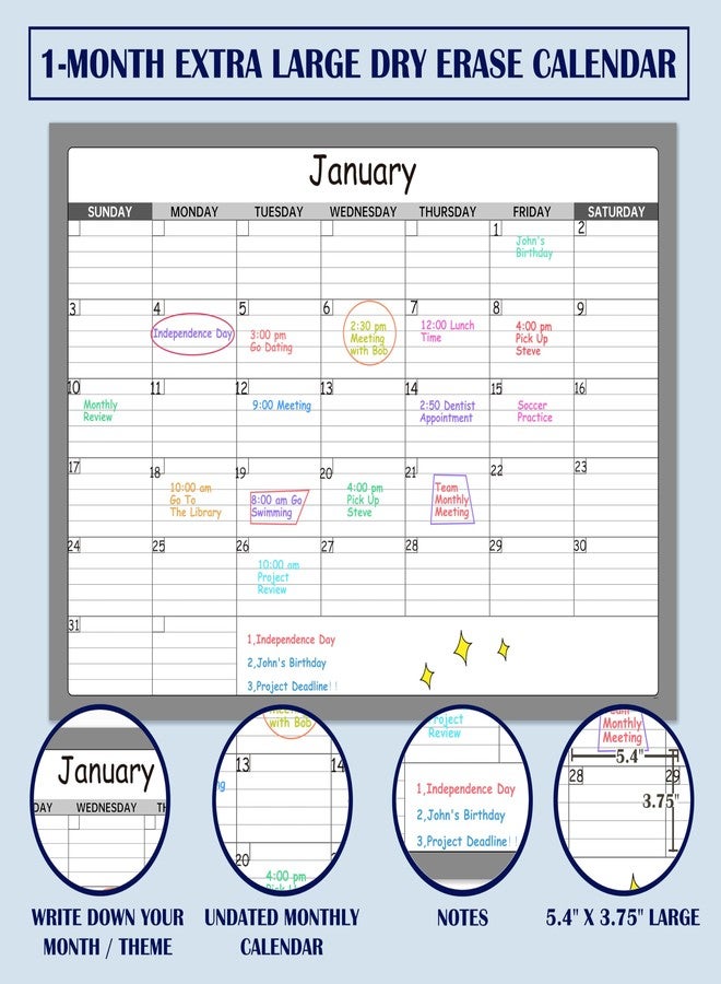 BooQool Large Dry Erase Calendar - Undated 1 Monthly Wall Calendar Laminated, 40" x 28", Blank Reusable Calendar Planner with Large Daily Boxes, Notes, Stickers, Great for Home, Office, Classroom, Grey - Image 3