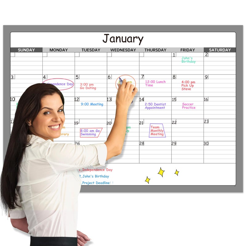 BooQool Large Dry Erase Calendar - Undated 1 Monthly Wall Calendar Laminated, 40" x 28", Blank Reusable Calendar Planner with Large Daily Boxes, Notes, Stickers, Great for Home, Office, Classroom, Grey - Image 1