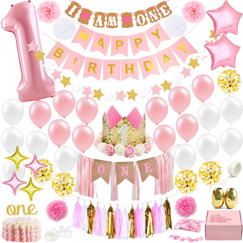 PartyHooman 1st Birthday Girl Decorations WITH Birthday Crown Baby First Birthday Decorations Girl  Pink and Gold Party Supplies  One Balloon Heart and Confetti Balloons Happy Birthday Banner ONE Cake Topper - Image 2