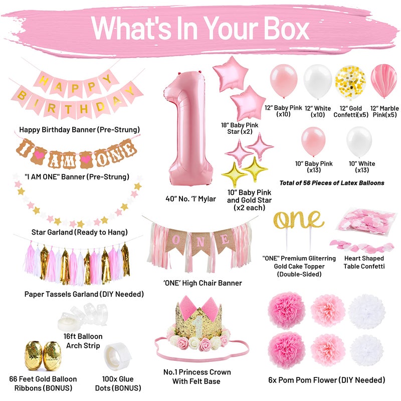 PartyHooman 1st Birthday Girl Decorations WITH Birthday Crown Baby First Birthday Decorations Girl  Pink and Gold Party Supplies  One Balloon Heart and Confetti Balloons Happy Birthday Banner ONE Cake Topper - Image 3