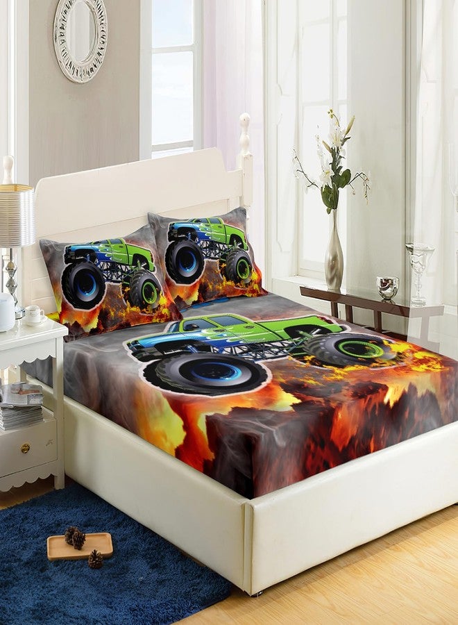 AILONEN Cartoon Green Monster Trucks Fitted Sheet Set Twin Size for Kids Boys, Extreme Sports Bedding, 3 Pieces: 1 Fitted Sheet and 2 Pillowcases - Image 3