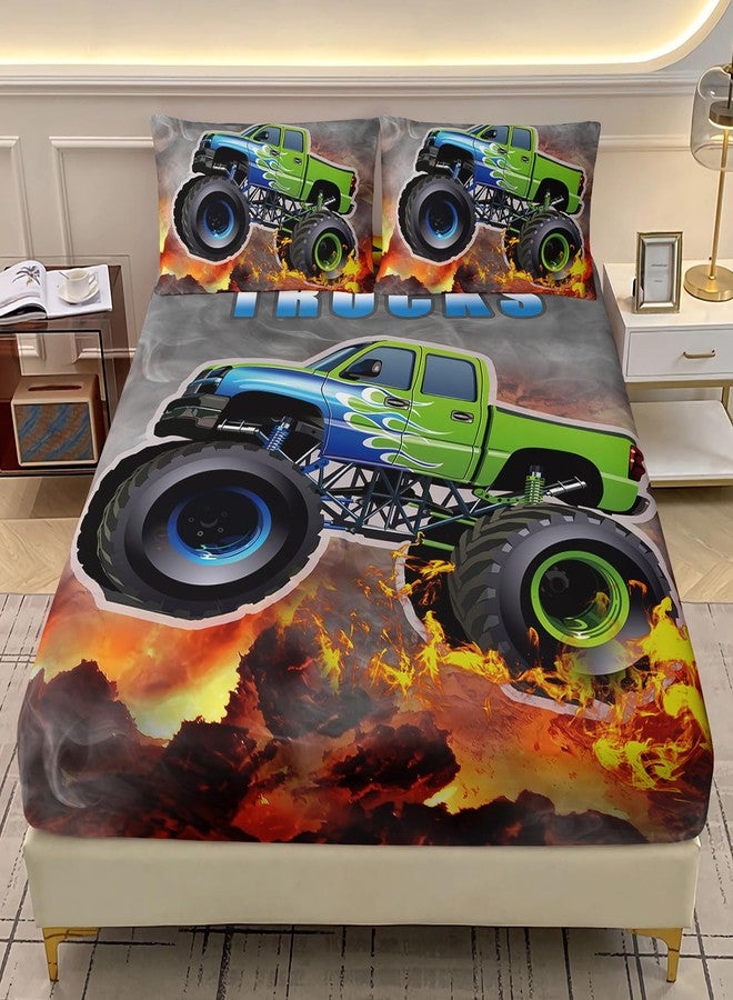 AILONEN Cartoon Green Monster Trucks Fitted Sheet Set Twin Size for Kids Boys, Extreme Sports Bedding, 3 Pieces: 1 Fitted Sheet and 2 Pillowcases - Image 1