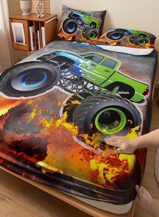 AILONEN Cartoon Green Monster Trucks Fitted Sheet Set Twin Size for Kids Boys, Extreme Sports Bedding, 3 Pieces: 1 Fitted Sheet and 2 Pillowcases - Image 4