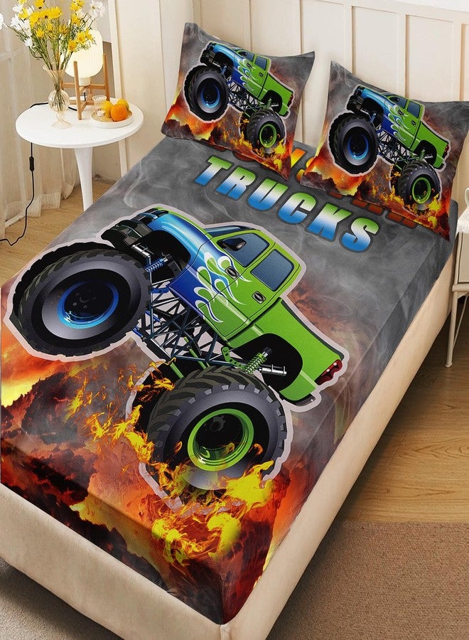 AILONEN Cartoon Green Monster Trucks Fitted Sheet Set Twin Size for Kids Boys, Extreme Sports Bedding, 3 Pieces: 1 Fitted Sheet and 2 Pillowcases - Image 2