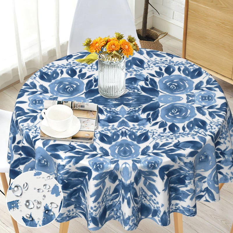 Arroganttiom Round Tablecloth 60 inch, Spring Floral Round Table Cloth, Stain Resistance, Water Repellent and Wrinkle-Free, Blue Flower Tablecloth for Home Kitchen Dining Party Indoor and Outdoor Use - Image 1