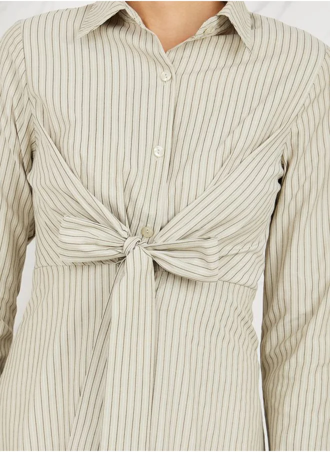 Styli Striped Front Tie Up Shirt Maxi Dress