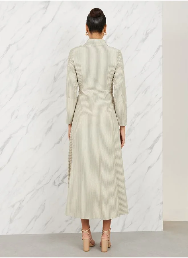 Styli Striped Front Tie Up Shirt Maxi Dress