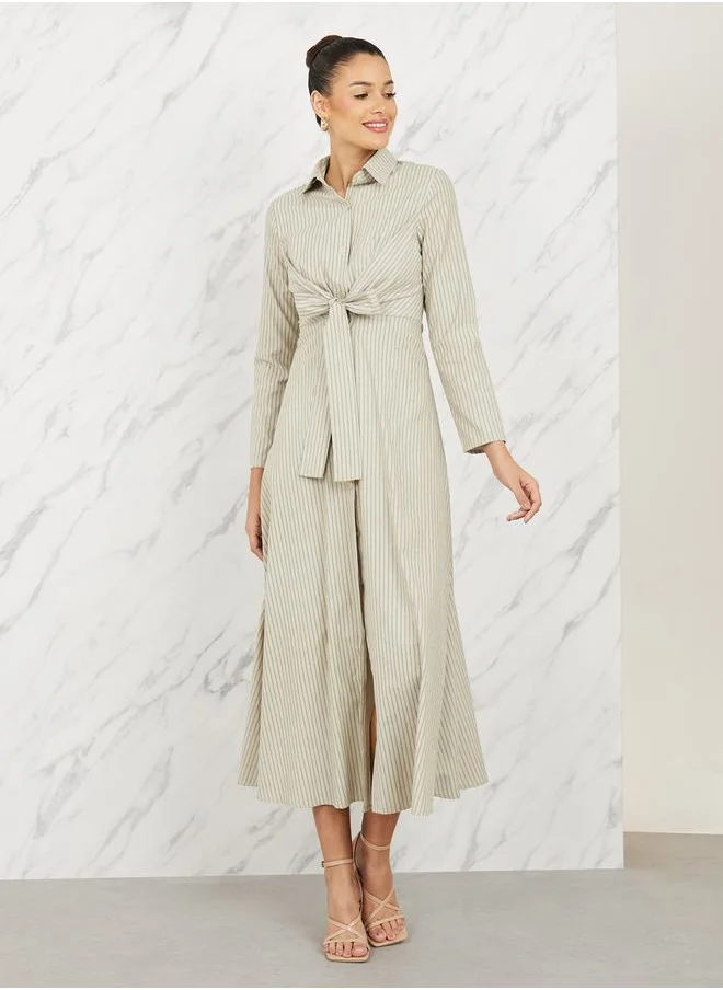 Styli Striped Front Tie Up Shirt Maxi Dress