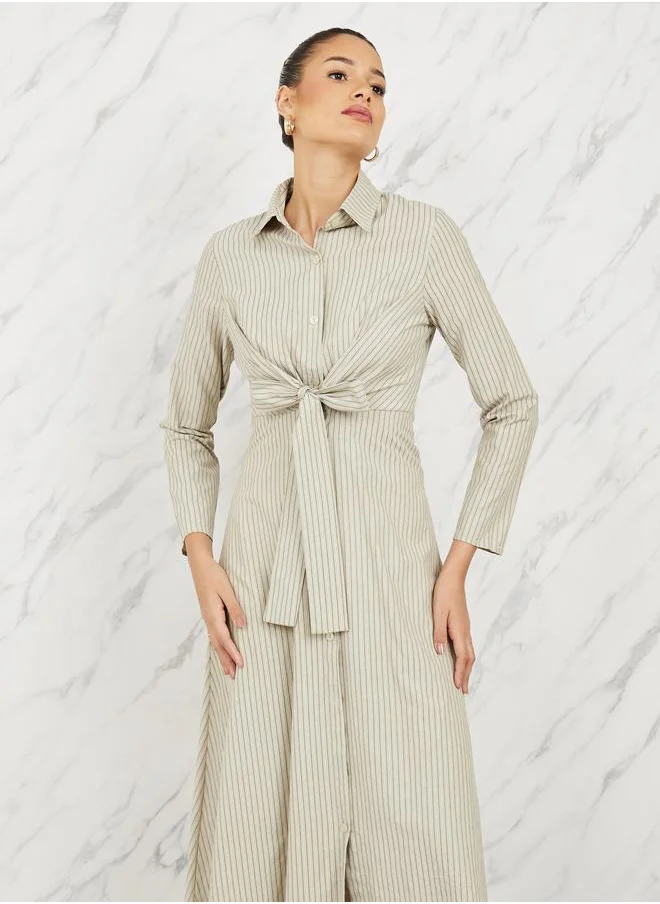 Styli Striped Front Tie Up Shirt Maxi Dress