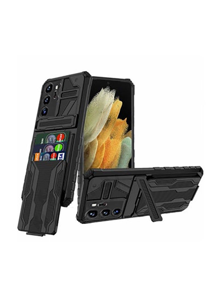 Armor Hard Plastic Anti-drop Protective Case Cover with Hidden Folded Kickstand and Card Slot for Samsung Note 20 Ultra (Black)
