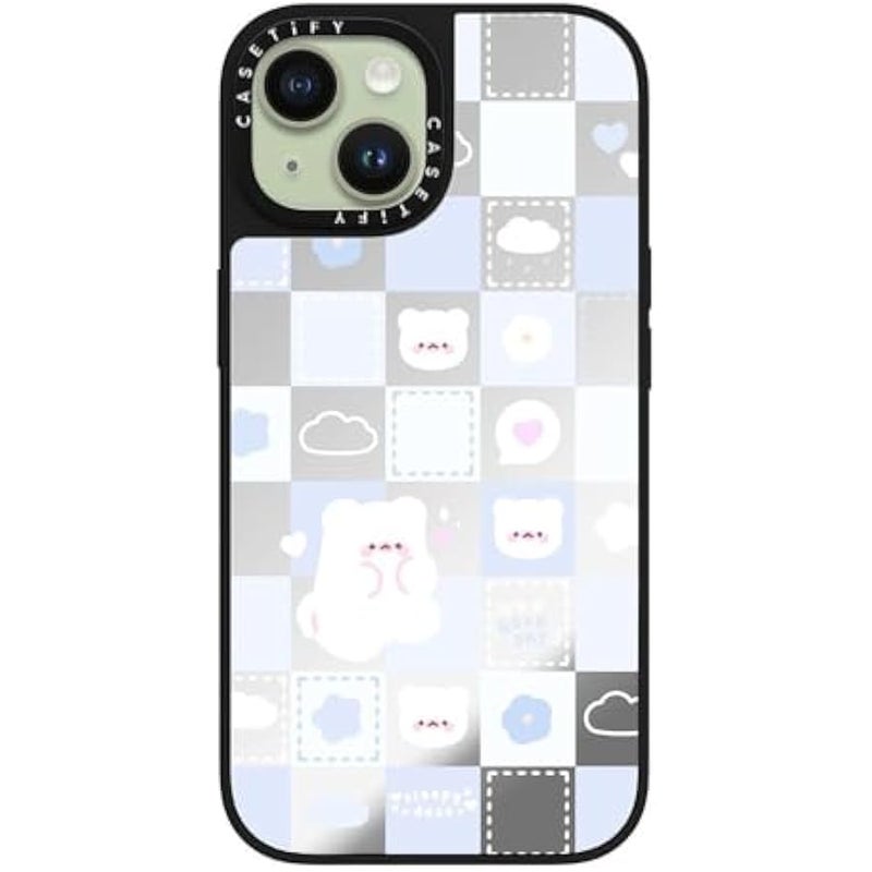 Casetify Mirror iPhone 15 Case 【Reflective / 4.9ft Drop Protection/Compatible with Magsafe】 - Good Day Mochi Checkers by sleepydaze - Silver on Black - Image 3