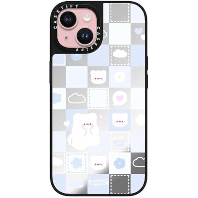 Casetify Mirror iPhone 15 Case 【Reflective / 4.9ft Drop Protection/Compatible with Magsafe】 - Good Day Mochi Checkers by sleepydaze - Silver on Black - Image 1