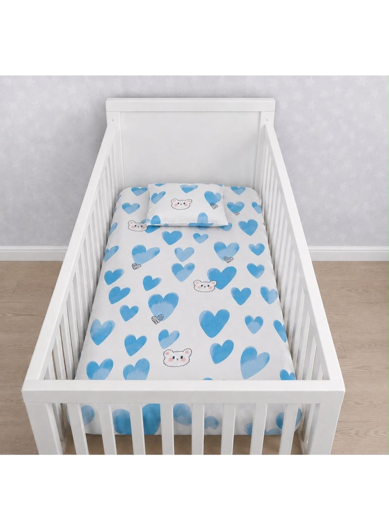 snooze Fitted Baby Bed Sheet Set 2Pcs, Cotton 90x110 cm with Pillowcase Smiley Design - Image 1