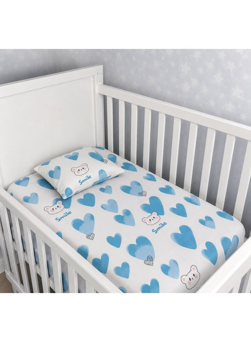 snooze Fitted Baby Bed Sheet Set 2Pcs, Cotton 90x110 cm with Pillowcase Smiley Design - Image 5