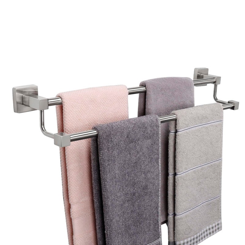 TocTen Double Bath Towel Bar Thicken SUS304 Stainless Steel Towel Rack for Bathroom Bathroom Accessories Double Towel Rod Heavy Duty Wall Mounted Square Towel HolderBrushed Nickel 24 INCH