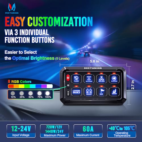 MICTUNING P1s RGB 5 Inch 8 Gang Switch Panel, High Power 5 Level Brightness Multifunction Toggle Switch Momentary Circuit Control Relay System Box for Car, 2 Years Warranty - Image 2