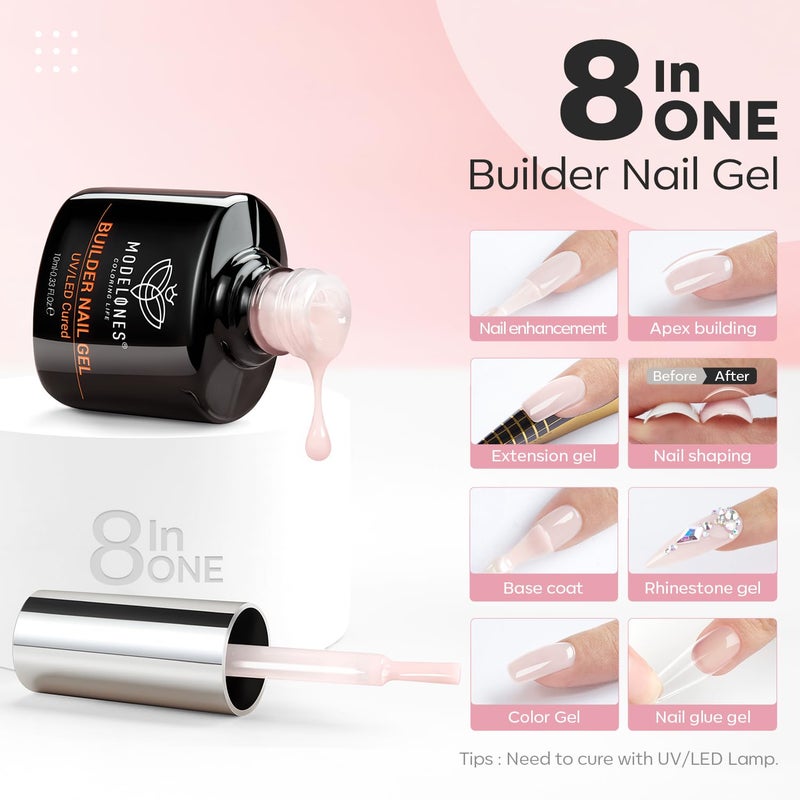 modelones Builder Nail Gel, 2 Pcs Clear and Cover Nude Builder Nail Polish, 8-in-One Apex Building Thickening Strengthener Extension Rubber Color Base Gel for DIY Home Salon Gifts LED Lamp Cured 10ml - Image 2