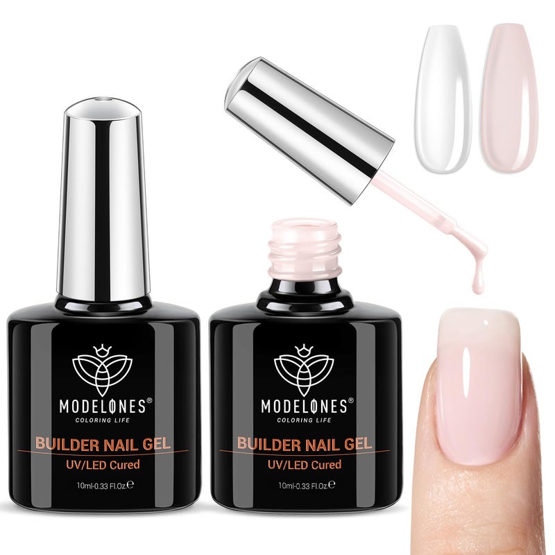 modelones Builder Nail Gel, 2 Pcs Clear and Cover Nude Builder Nail Polish, 8-in-One Apex Building Thickening Strengthener Extension Rubber Color Base Gel for DIY Home Salon Gifts LED Lamp Cured 10ml - Image 1