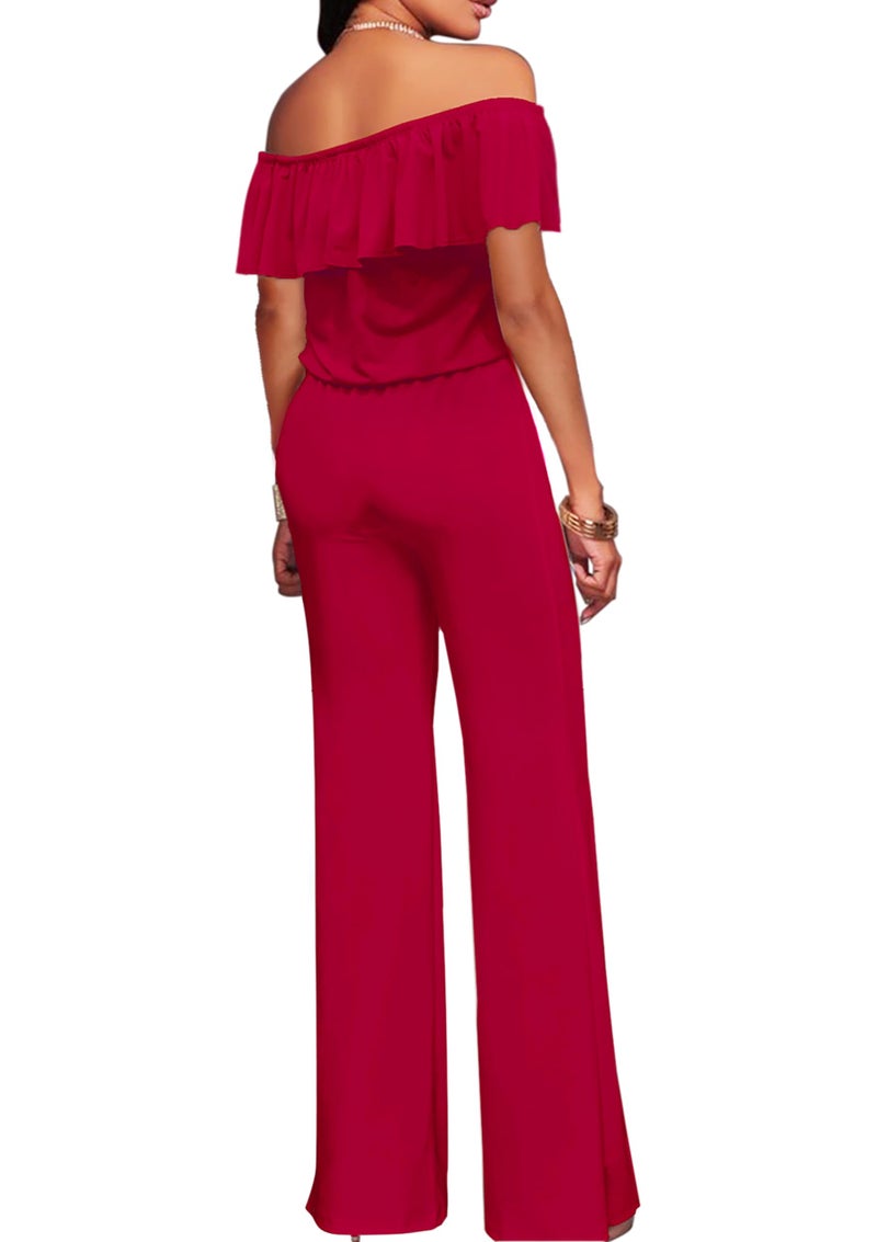 Hybrid & Company Women's Lightweight Off Shoulder Jumpsuit – Stretchy Wide Leg Romper – Casual to Formal One Piece Outfit KPVJ47696 RED XL - Image 3