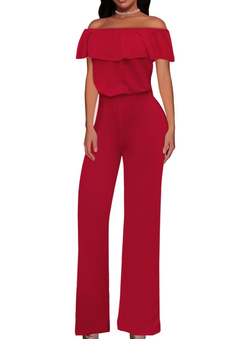 Hybrid & Company Women's Lightweight Off Shoulder Jumpsuit – Stretchy Wide Leg Romper – Casual to Formal One Piece Outfit KPVJ47696 RED XL - Image 1