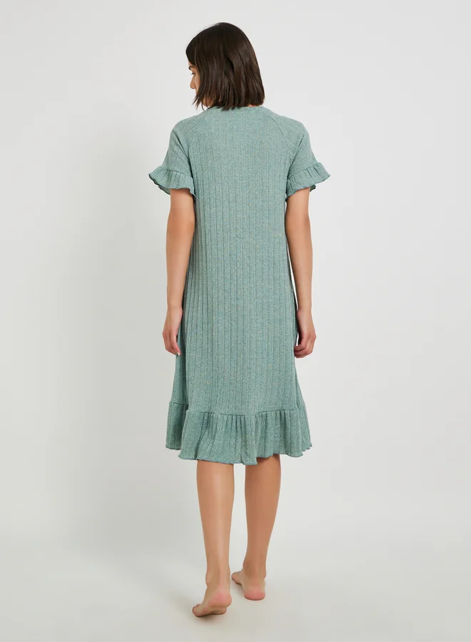 Take Two Ribbed V Neck Ruffle Detail Nightdress