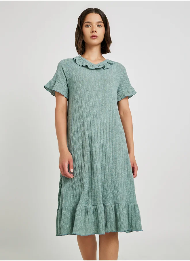 ستايلي Ribbed V Neck Ruffle Detail Nightdress