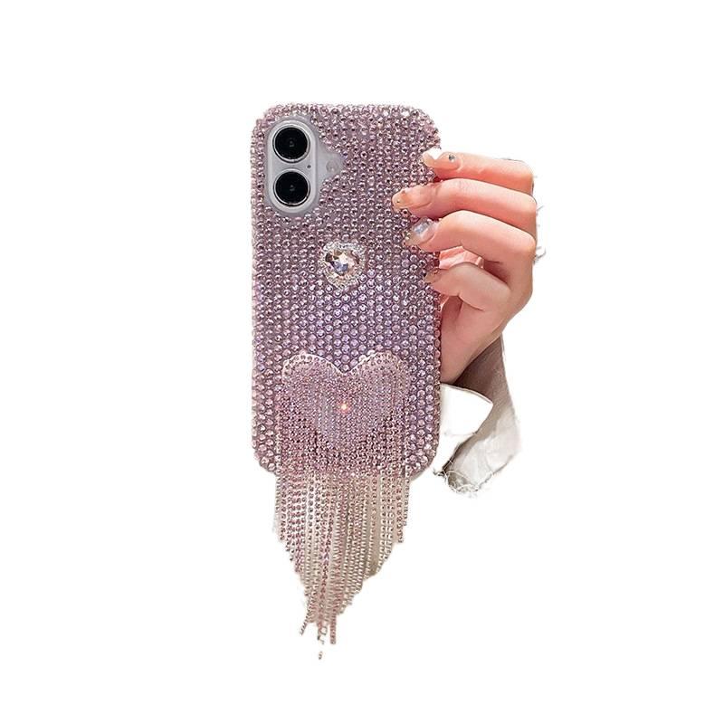 BB غطاء واقي بAcrylic لـ iPhone 14 / 14 Plus / 14 Pro / 14 Pro Max مع مليء بالألماس ونقش قلب مع شرابة باللون أبيض من الأكريليك باللون الأبيض - Image 4