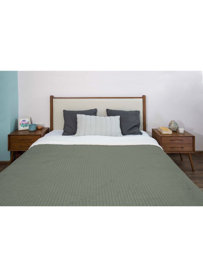 Mintra Blanket Double Sided Sherpa & Strip Flannel Olive green 220x180 - Image 3