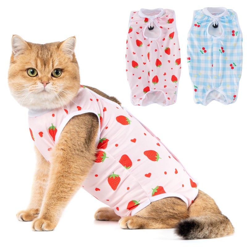 Avont 2 Pack Cat Recovery Suit - Kitten Onesie for Cats After Surgery, Surgical Spay Recovery Suit Female for Abdominal Wounds or Skin Diseases Protection -Cherry/Strawberry(S) - Image 1