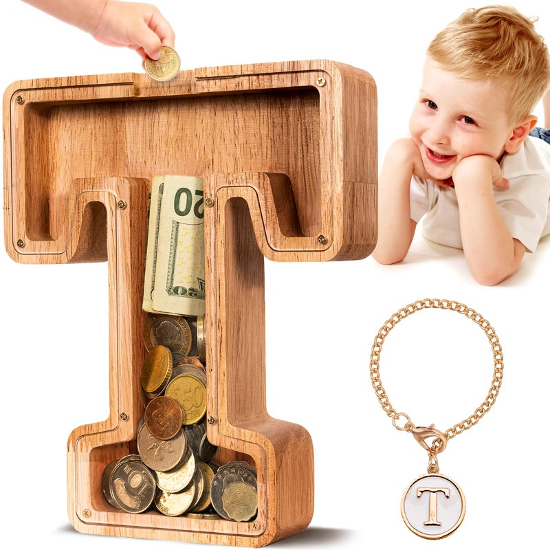 SummiDate Wooden Letter Piggy Bank Piggy Bank for Boys and girls Alphabet Money Bank Thanks Giving GiftsInitialT