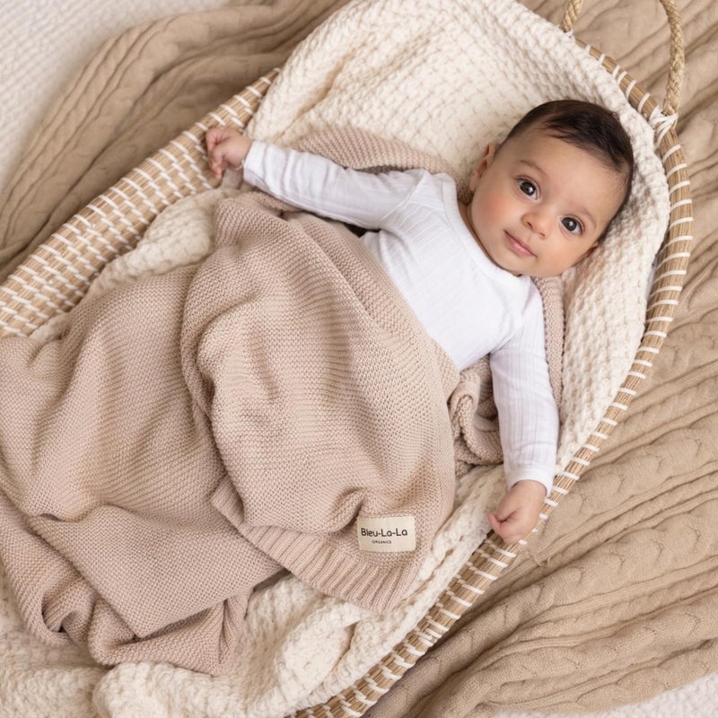 Bleu La La - 100% Organic Cotton Heritage Knit Textured Baby Quilt Blanket â€“ Signature Heritage Knit, Soft Breathable Newborn Baby Blanket (Heritage - Oatmeal) - Image 4