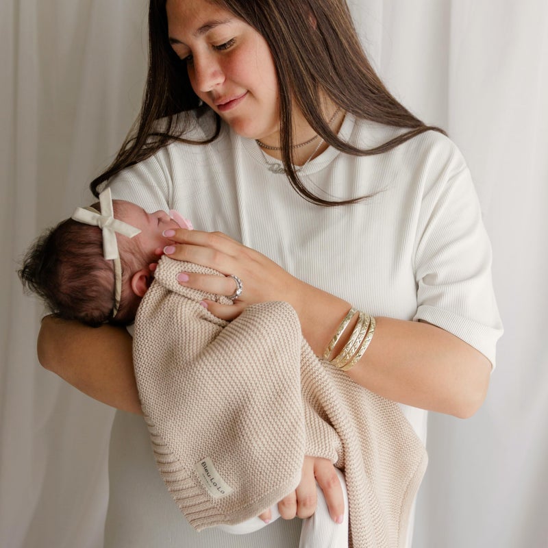 Bleu La La - 100% Organic Cotton Heritage Knit Textured Baby Quilt Blanket â€“ Signature Heritage Knit, Soft Breathable Newborn Baby Blanket (Heritage - Oatmeal) - Image 5